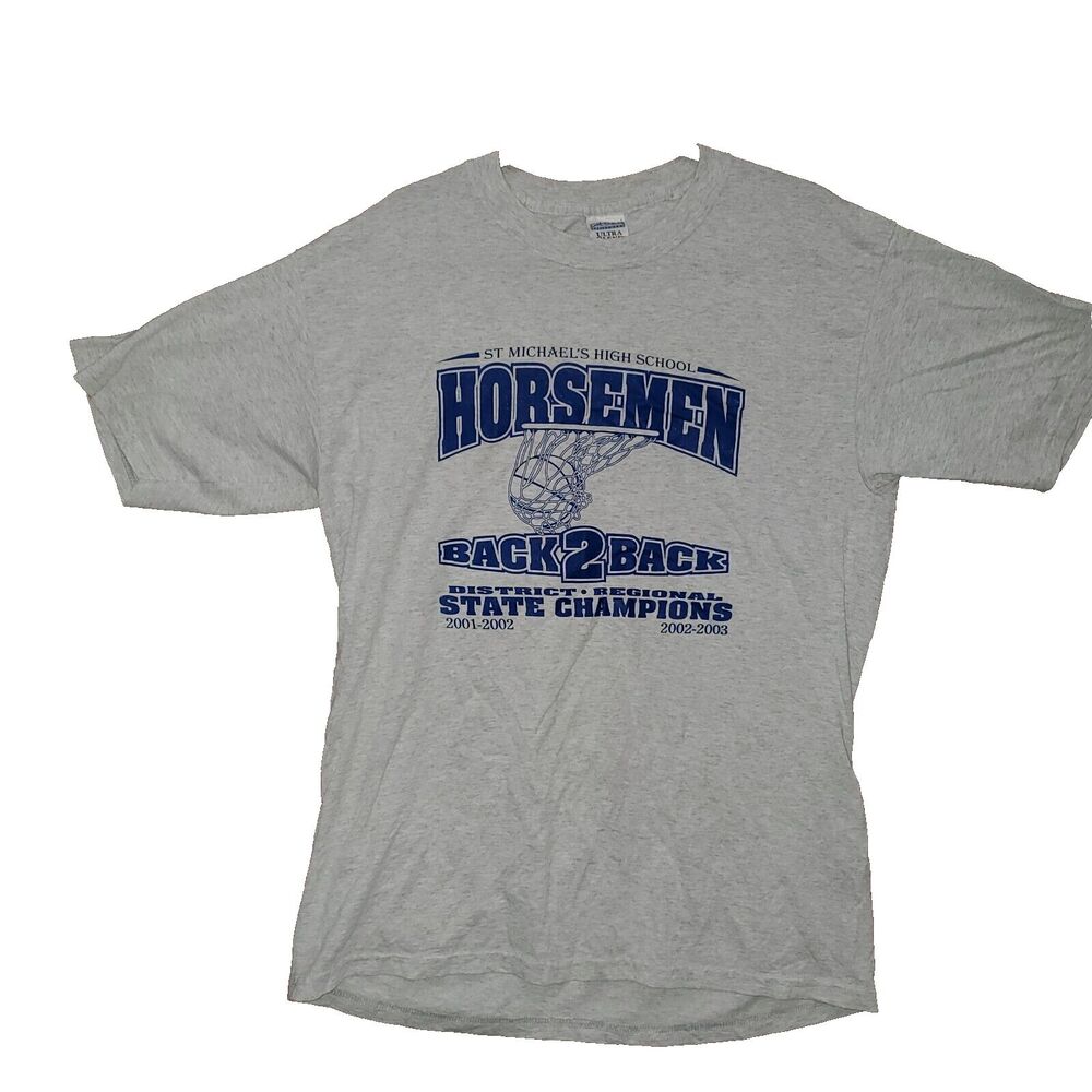 St. Michael's Horsemen Back2Back State Champs Gray T-Shirt Men’s Large